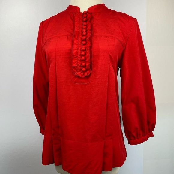 ATTENTION Red 3/4 Sleeve Pleated Ruffle Button Blouse Top - Picture 4 of 8